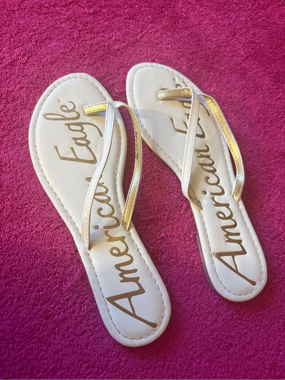 American Eagle Outfitters White Flip Flop Sandals with Gold Straps